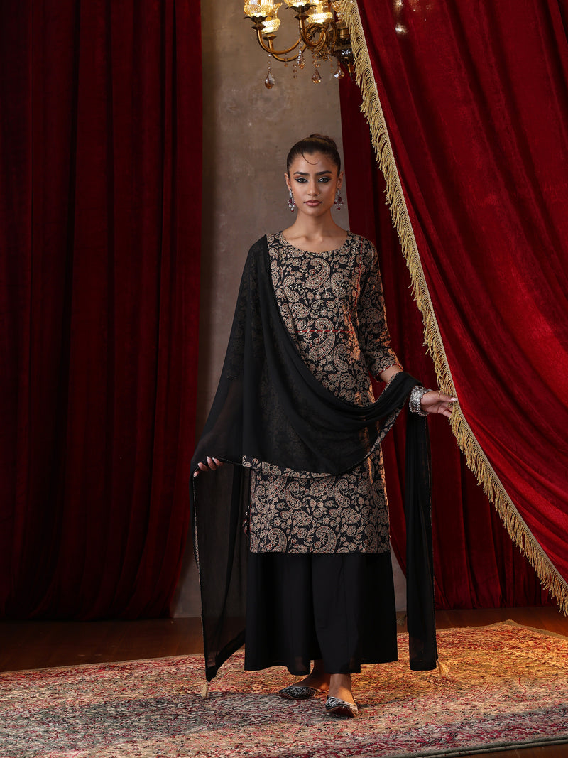 Khushal K Women Cotton kurta and palazzo with dupatta set - Black