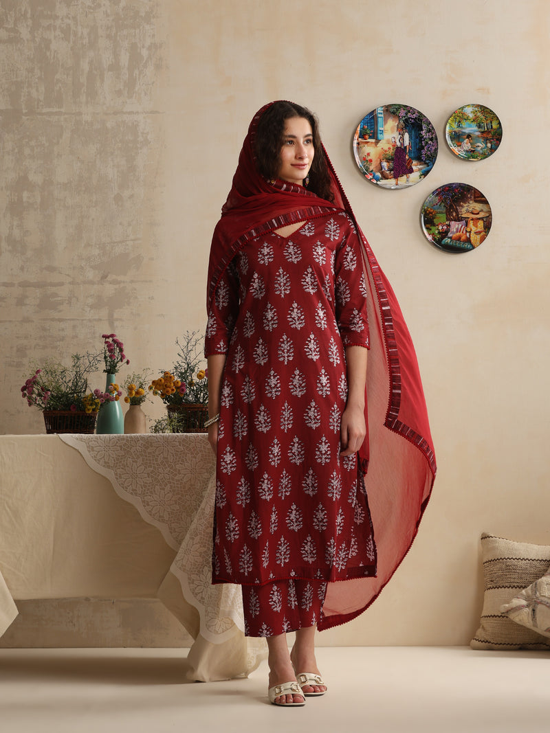 Khushal K Floral Printed V-Neck Pure Cotton Kurta set