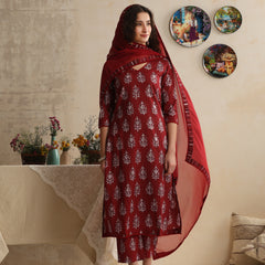Khushal K Floral Printed V-Neck Pure Cotton Kurta set