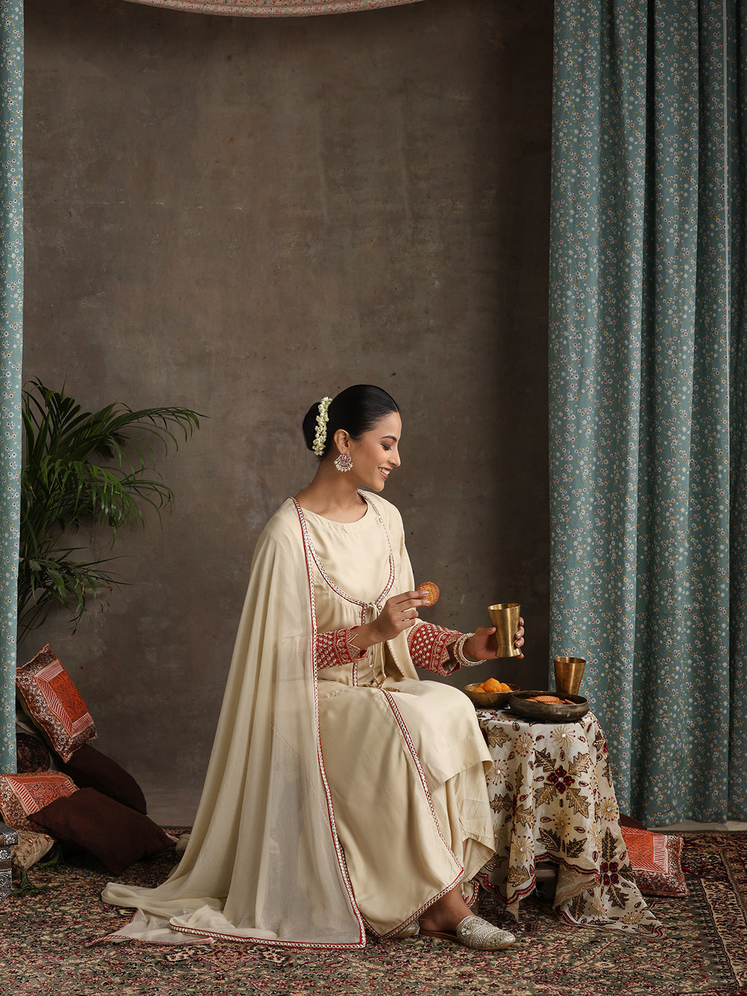 Geometric Embroidered Mirror Work A-Line Kurta With Sharara & Dupatta
