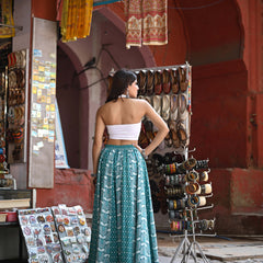 Khushal K Women's Turquoise Blue Printed Cotton Flared Maxi Skirt