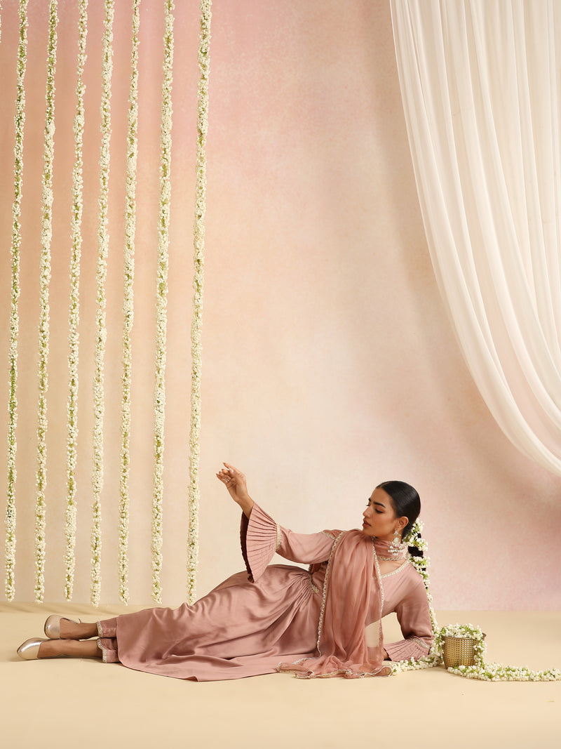 Peach & Gold Solid Kurta with Trousers & Dupatta