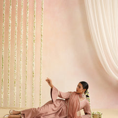 Peach & Gold Solid Kurta with Trousers & Dupatta