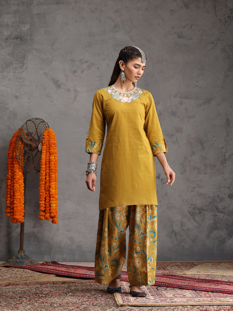 Khushal K Women Cotton Kurta Farsi Salwar Set - Mustard