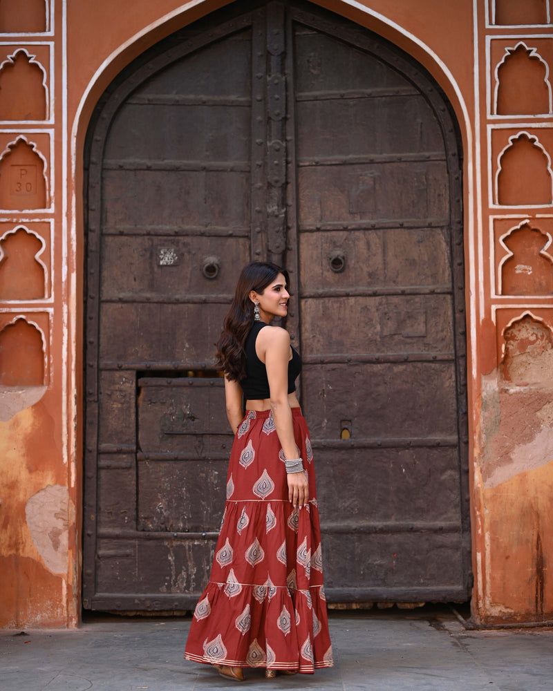Khushal K Women's Rust Printed Cotton Flared Maxi Skirt