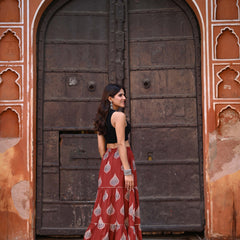 Khushal K Women's Rust Printed Cotton Flared Maxi Skirt