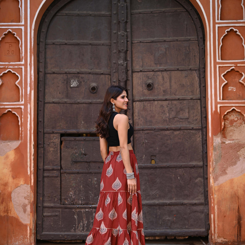 Khushal K Women's Rust Printed Cotton Flared Maxi Skirt