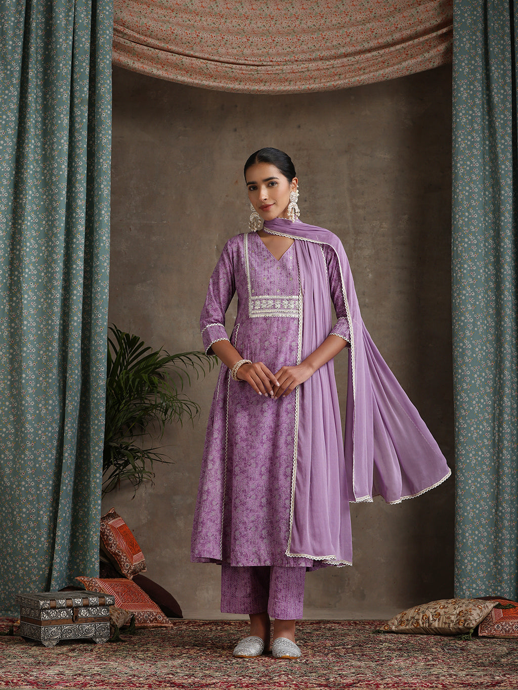 Purple and white Kurta with trouser & dupatta