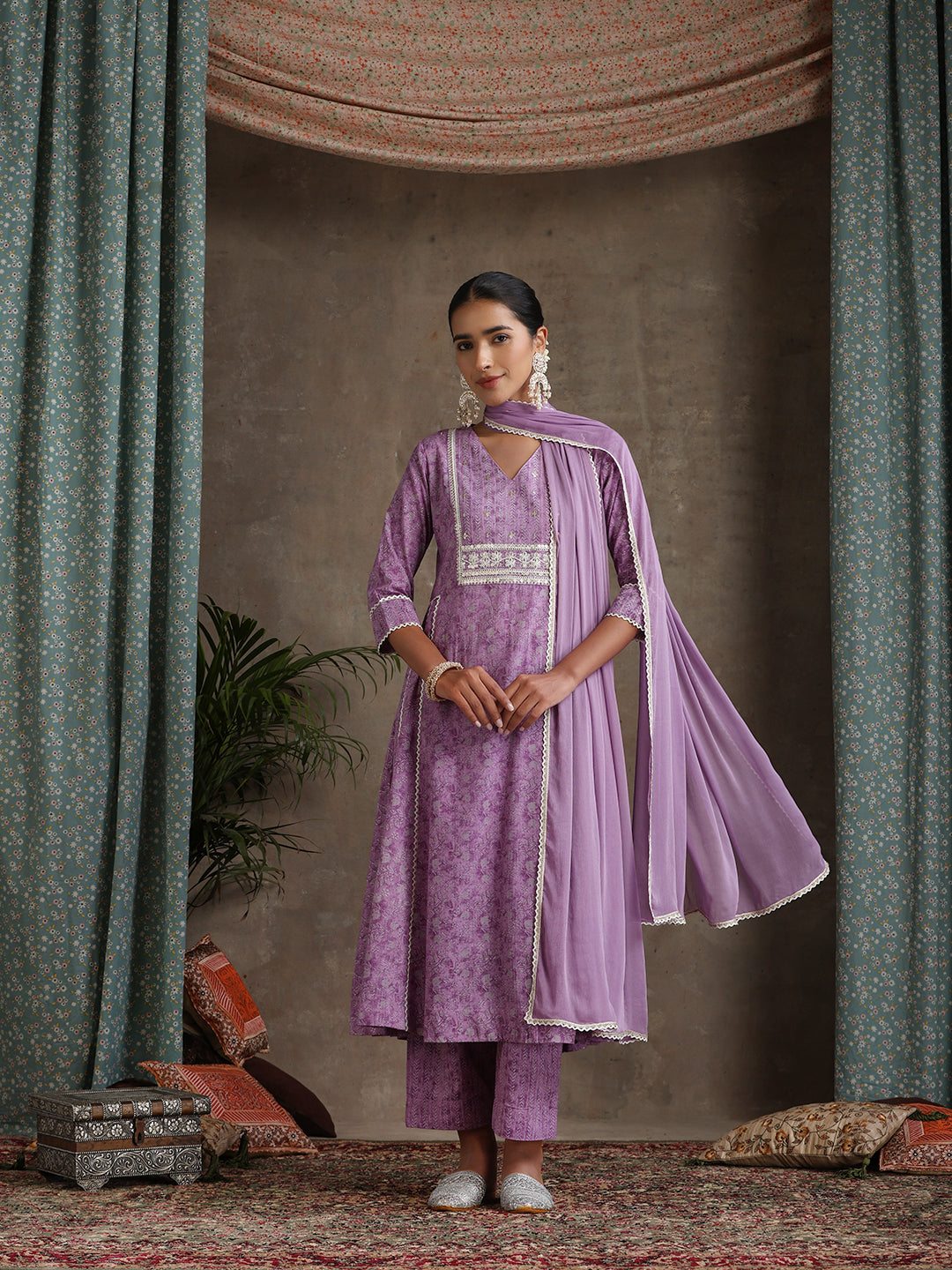 Purple and white Kurta with trouser & dupatta