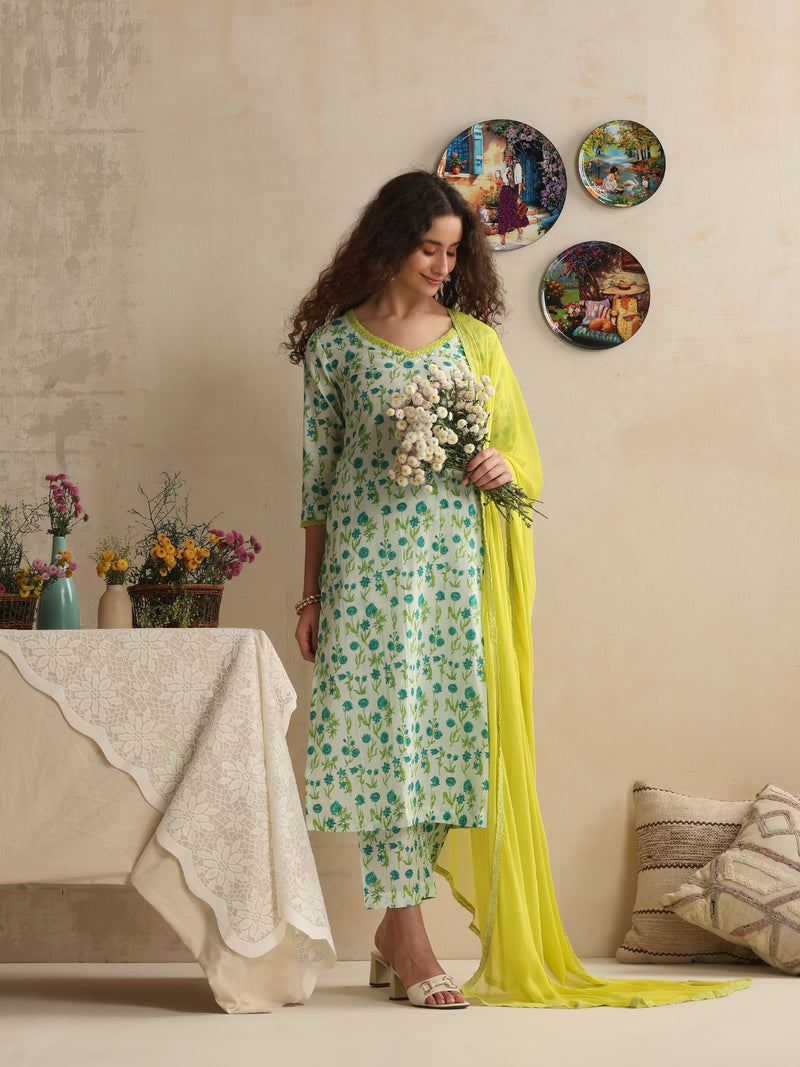 Khushal K Women Floral Printed Regular Pure White Cotton Kurta & Palazzo With Dupatta