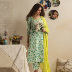 Khushal K Women Floral Printed Regular Pure White Cotton Kurta & Palazzo With Dupatta
