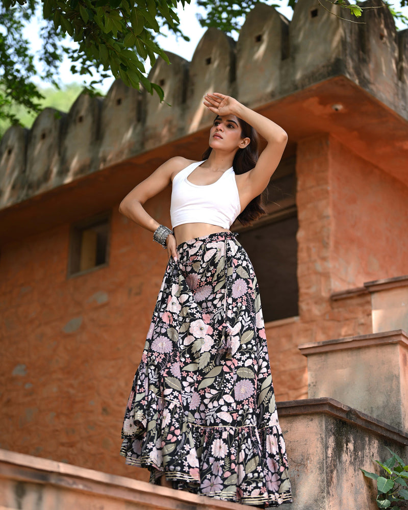 Khushal K Women's Black Printed Cotton Flared Maxi Skirt