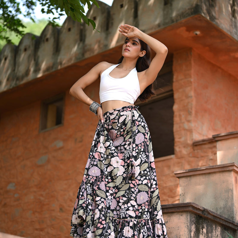 Khushal K Women's Black Printed Cotton Flared Maxi Skirt