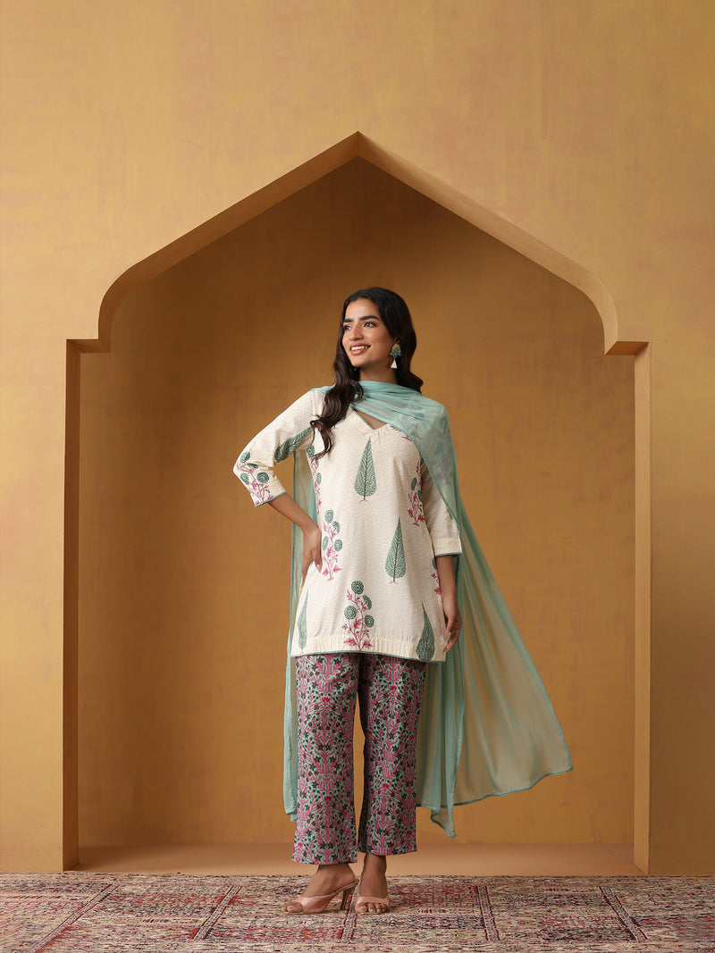 Khushal K Floral Printed V-Neck Pure Cotton Straight Kurta set