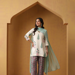 Khushal K Floral Printed V-Neck Pure Cotton Straight Kurta set