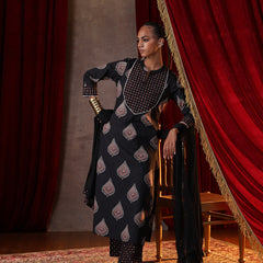 Khushal K Women Cotton kurta and palazzo with dupatta set - Black