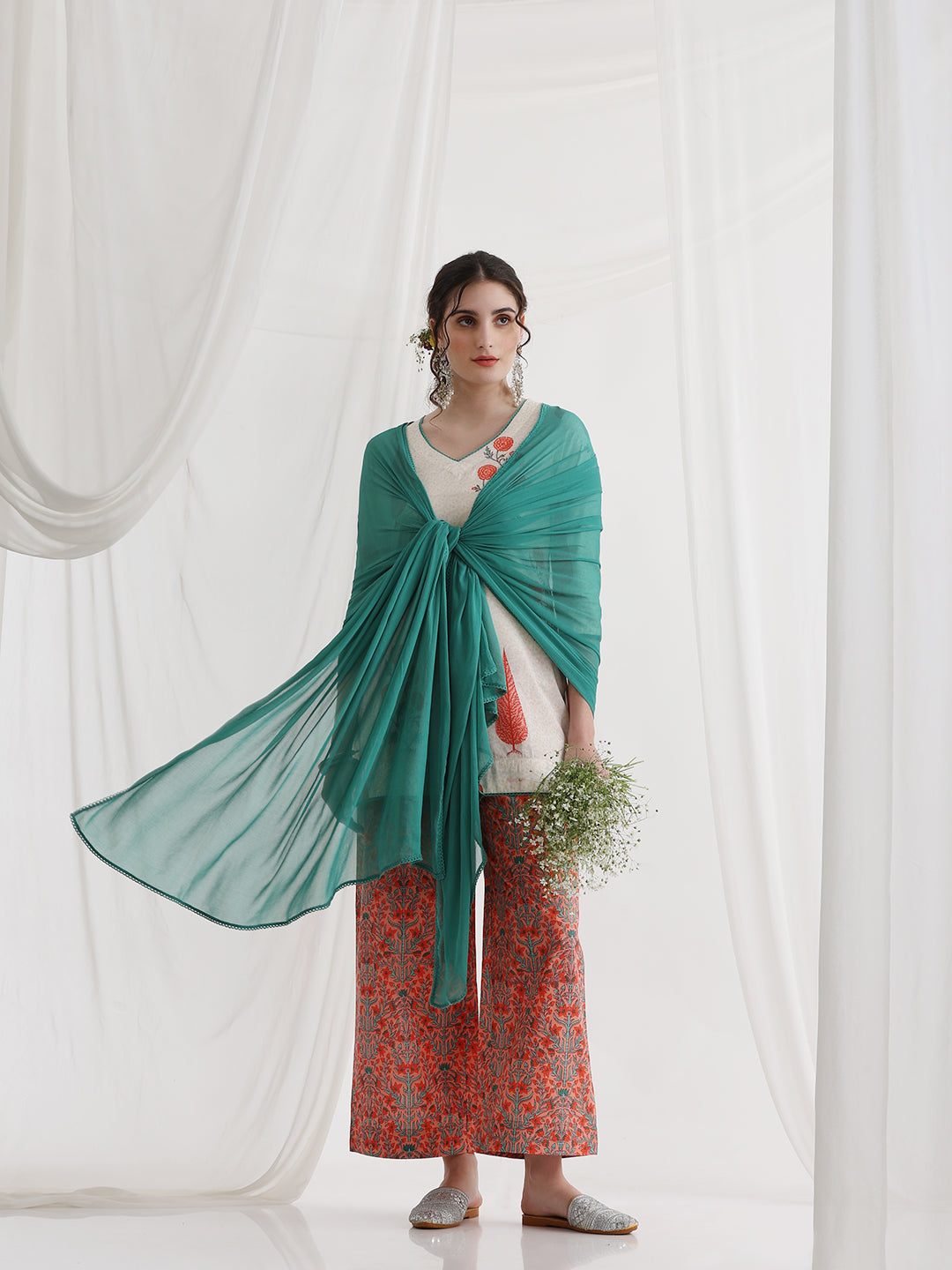 Floral Printed V-Neck Pure Cotton Kurti with Palazzos & Dupatta