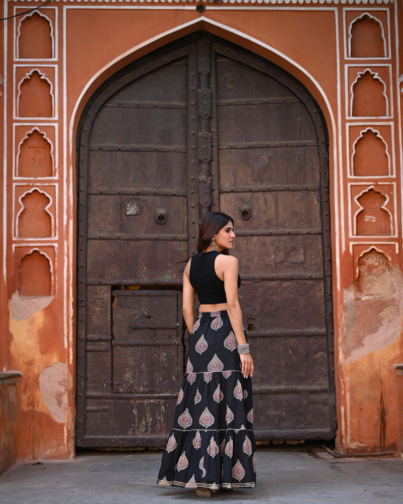Khushal K Women's Black Printed Cotton Flared Maxi Skirt