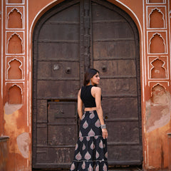 Khushal K Women's Black Printed Cotton Flared Maxi Skirt