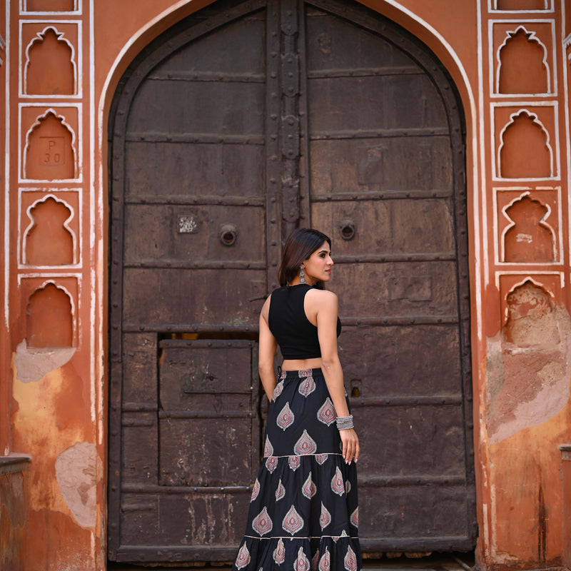 Khushal K Women's Black Printed Cotton Flared Maxi Skirt