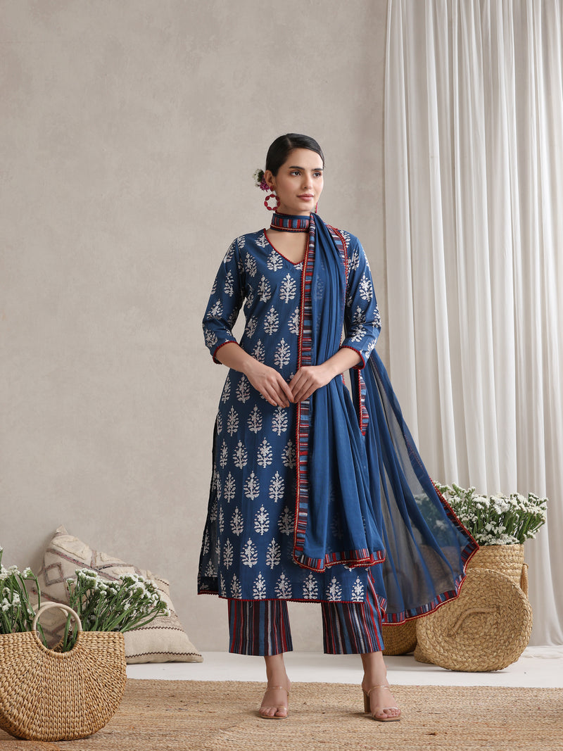 Women Floral Printed Regular Pure Cotton Kurta with Palazzos & With Dupatta