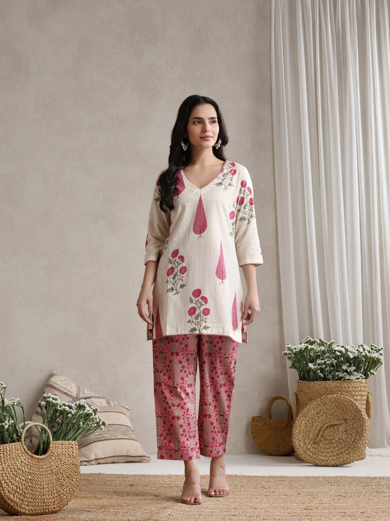 Floral Printed Cotton V-Neck Tunic With Trouser Co-Ords