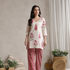 Floral Printed Cotton V-Neck Tunic With Trouser Co-Ords