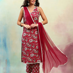 Floral Printed Regular Pure Cotton Straight Kurta with Palazzos & Dupatta