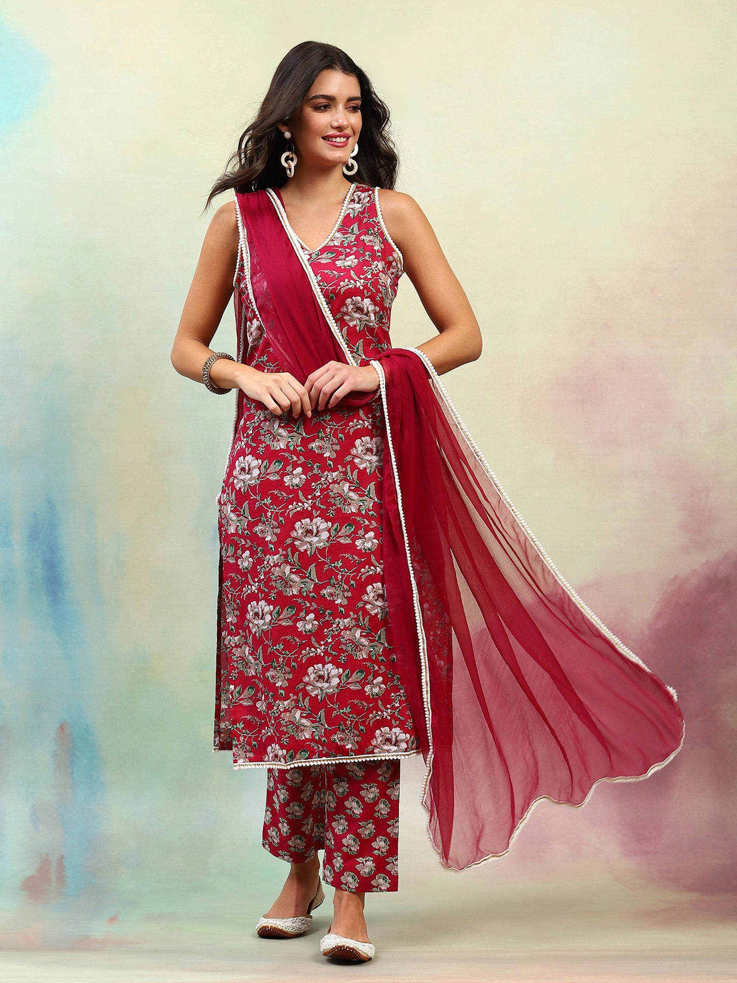 Floral Printed Regular Pure Cotton Straight Kurta with Palazzos & Dupatta