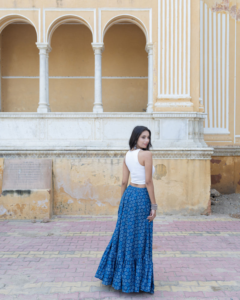 Khushal K Women's Blue Printed Cotton Flared Maxi Skirt