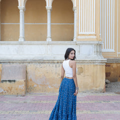 Khushal K Women's Blue Printed Cotton Flared Maxi Skirt