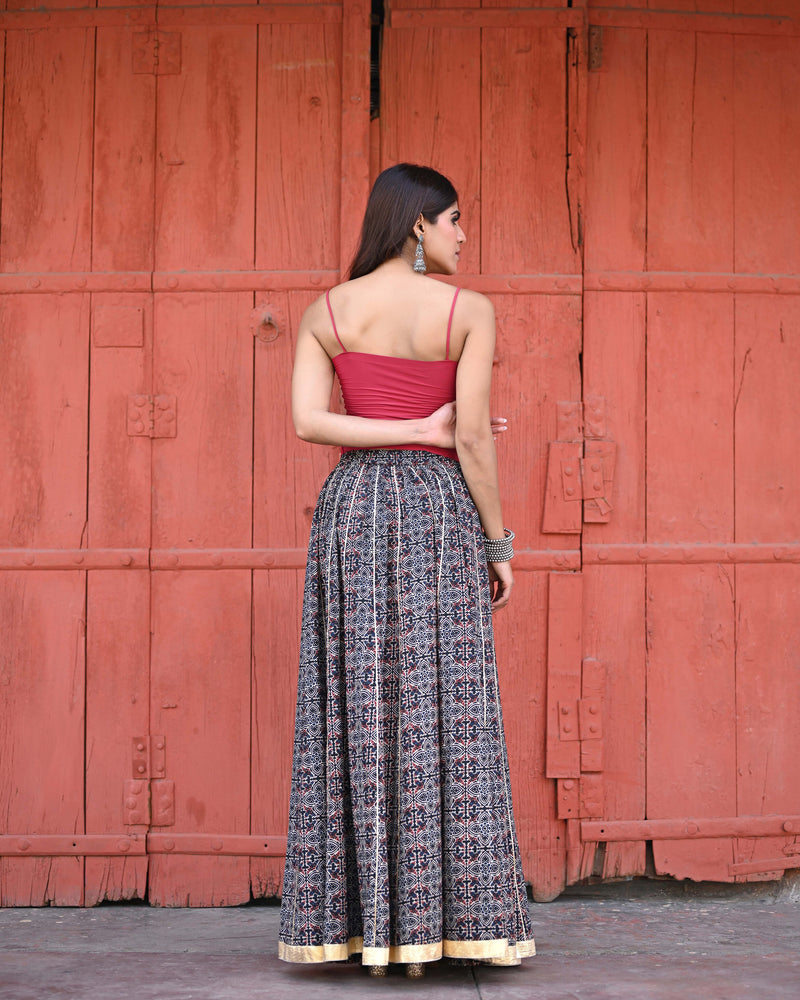 Khushal K Women's Black Printed Cotton Flared Maxi Skirt