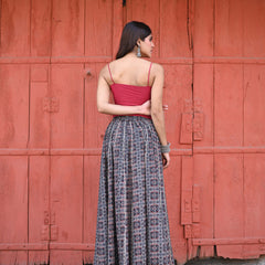Khushal K Women's Black Printed Cotton Flared Maxi Skirt