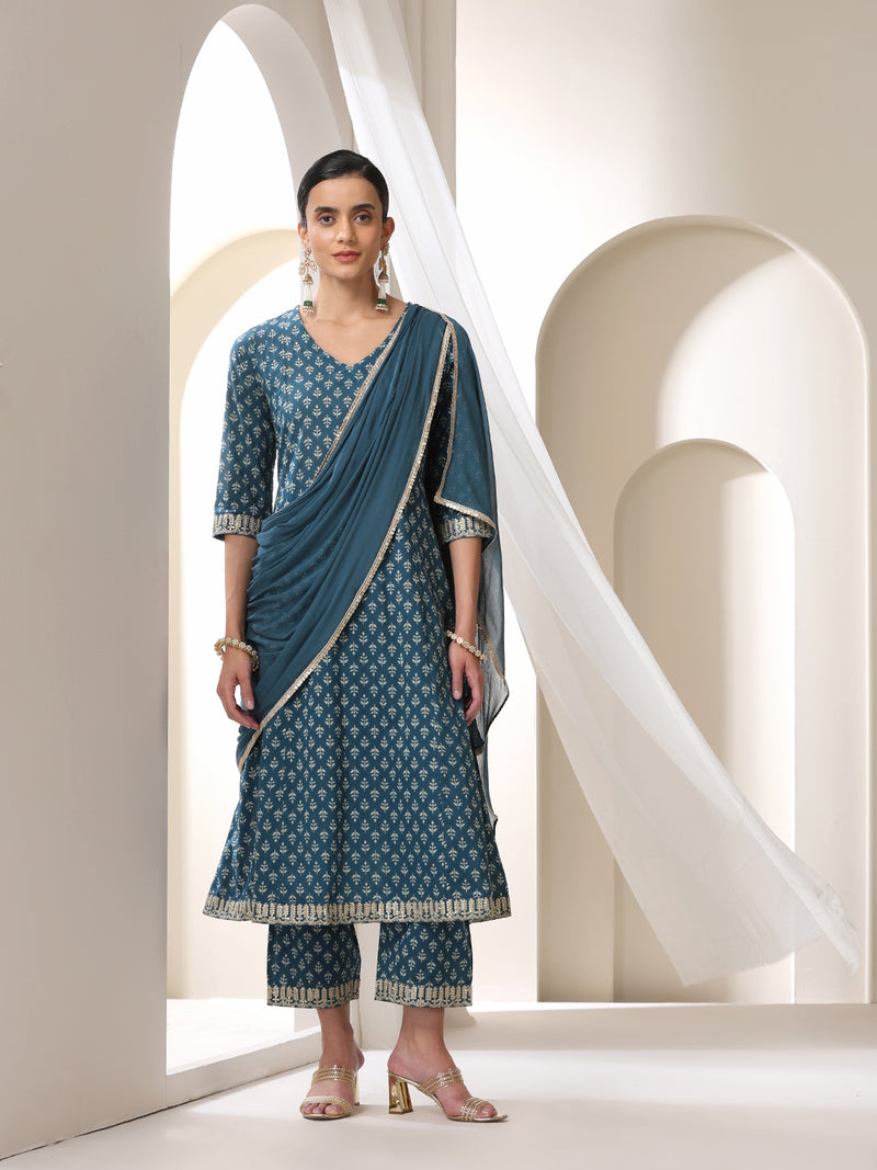 Women Floral Printed Cotton Kurta with Palazzo & Dupatta