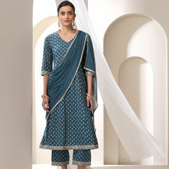 Women Floral Printed Cotton Kurta with Palazzo & Dupatta