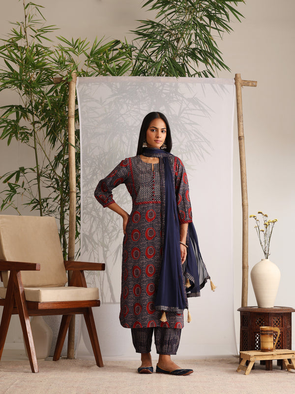 Khushal K Women Cotton kurta and Afghani Salwar with dupatta set - Blue
