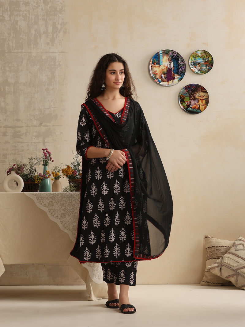 Khushal K Women Black Floral Printed Regular Pure Cotton Kurta & Palazzo With Dupatta