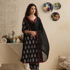 Khushal K Women Black Floral Printed Regular Pure Cotton Kurta & Palazzo With Dupatta