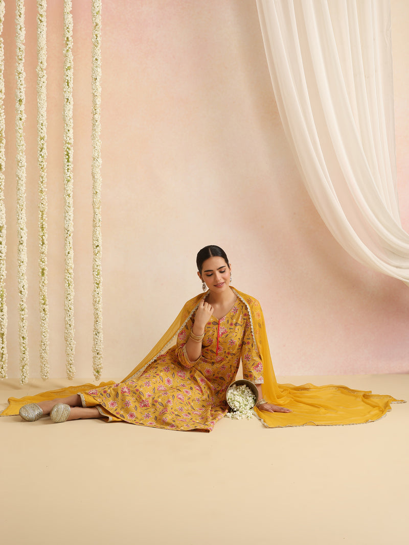 Women Floral Printed Cotton A-Line Kurta with Trousers & Dupatta