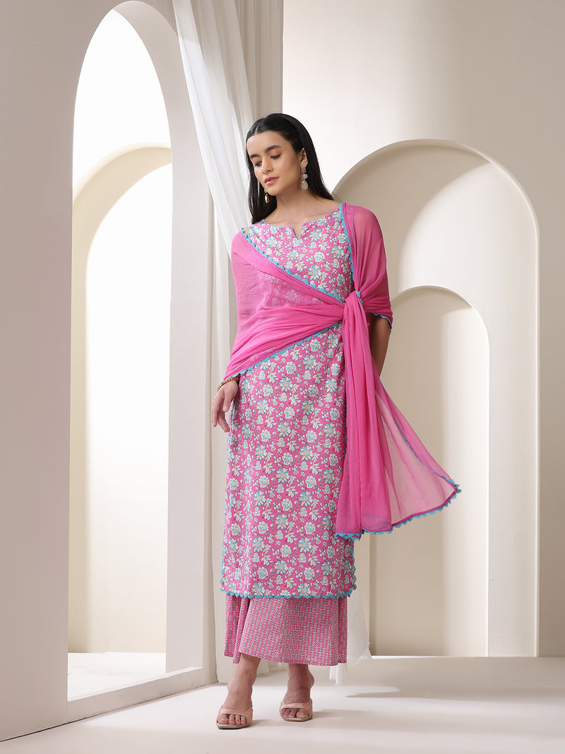 Khushal K Floral Printed Notch Neck Cotton Straight Kurta set