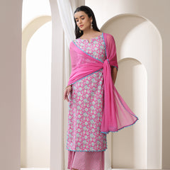 Khushal K Floral Printed Notch Neck Cotton Straight Kurta set