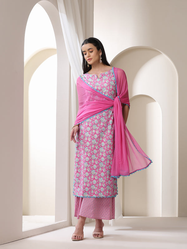 Khushal K Floral Printed Notch Neck Cotton Straight Kurta set