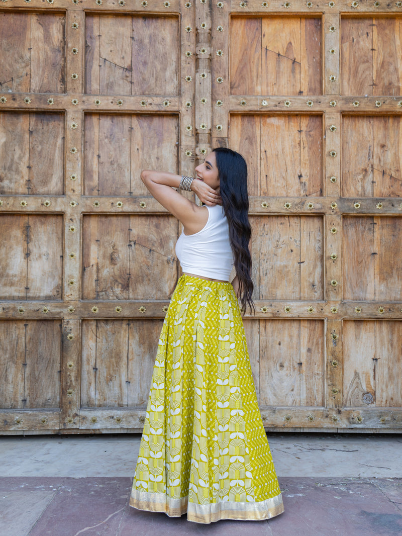 Khushal K Women's Green Printed Cotton Flared Maxi Skirt