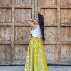 Khushal K Women's Green Printed Cotton Flared Maxi Skirt