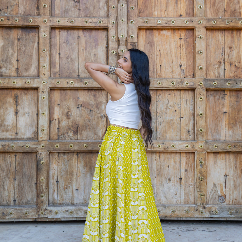 Khushal K Women's Green Printed Cotton Flared Maxi Skirt