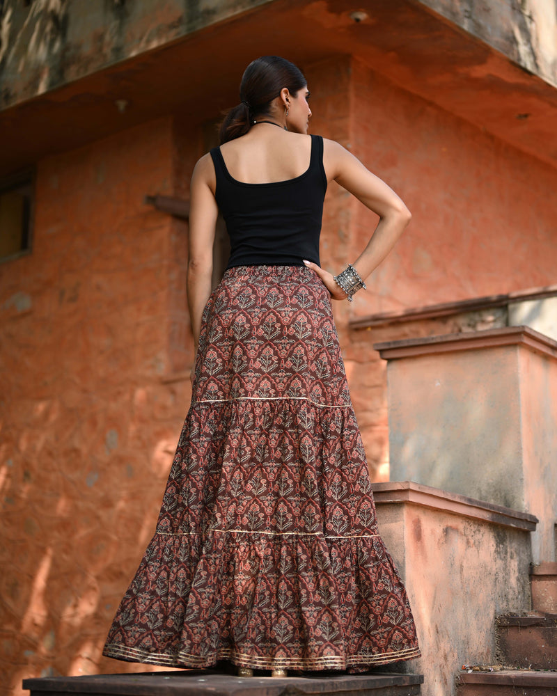 Khushal K Women's Brown Printed Cotton Flared Maxi Skirt