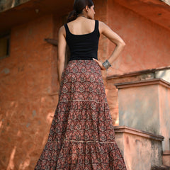 Khushal K Women's Brown Printed Cotton Flared Maxi Skirt