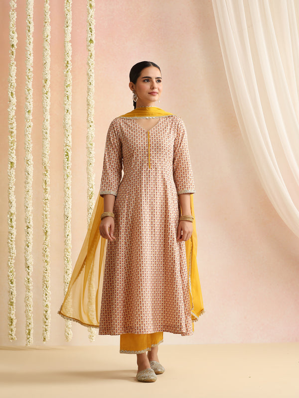 Off-White Block Print Kurta Set with Sunshine Yellow Dupatta