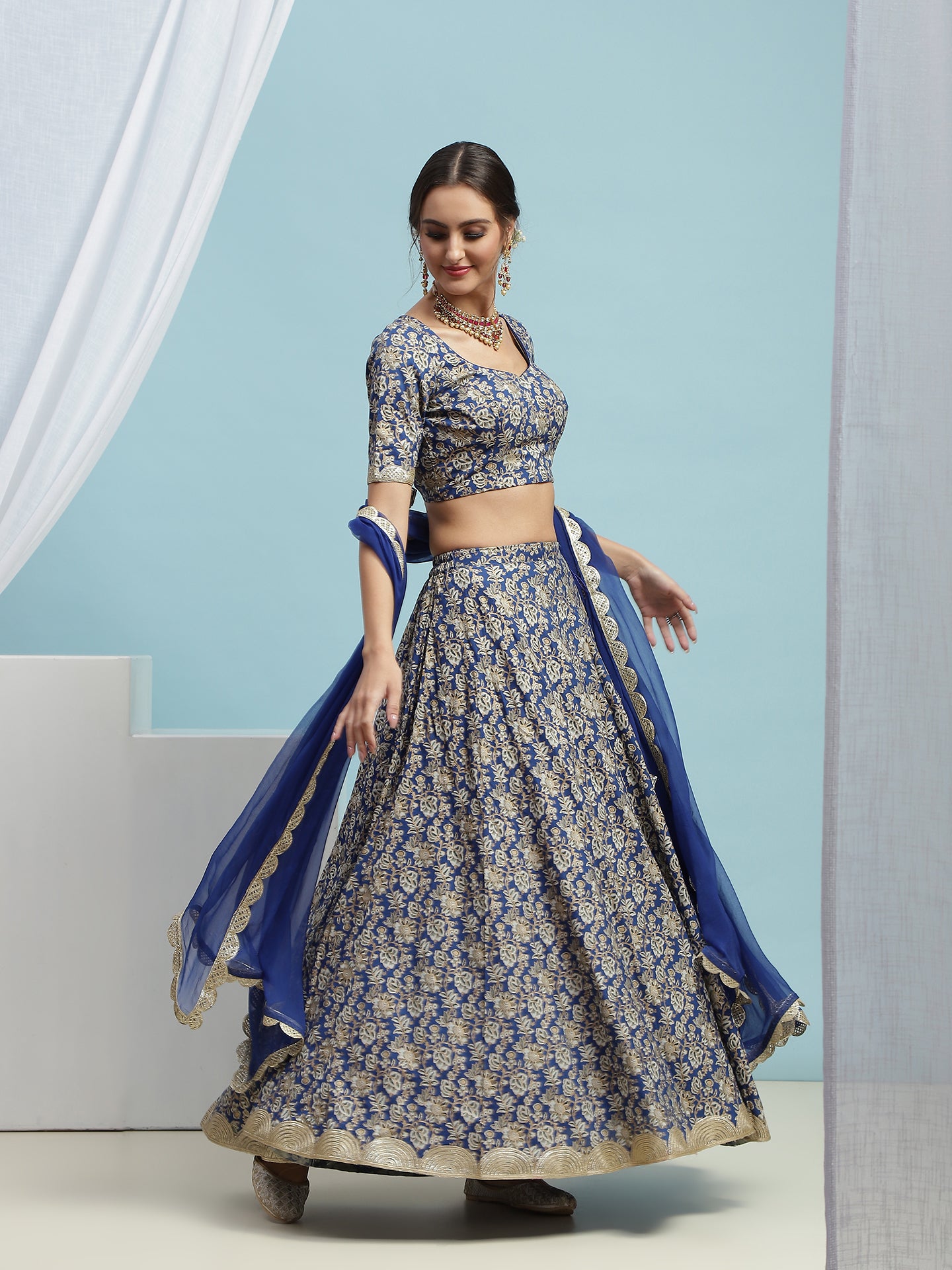 Printed V-Neck Ready to Wear Lehenga & Blouse With Dupatta