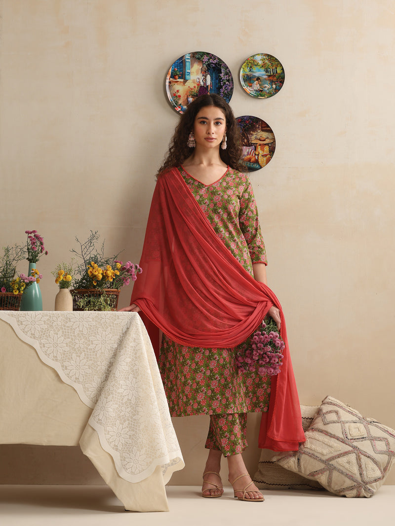 Khushal K Women Floral Printed Regular Pure Cotton Green Kurta & Palazzo With Dupatta
